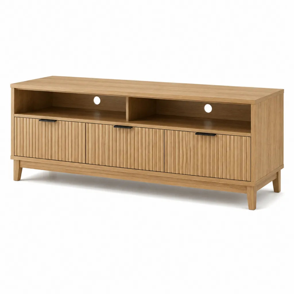 Meuble TV rectangulaire 3 portes en MDF plaque chene naturel 160 x 40 x 60 cm