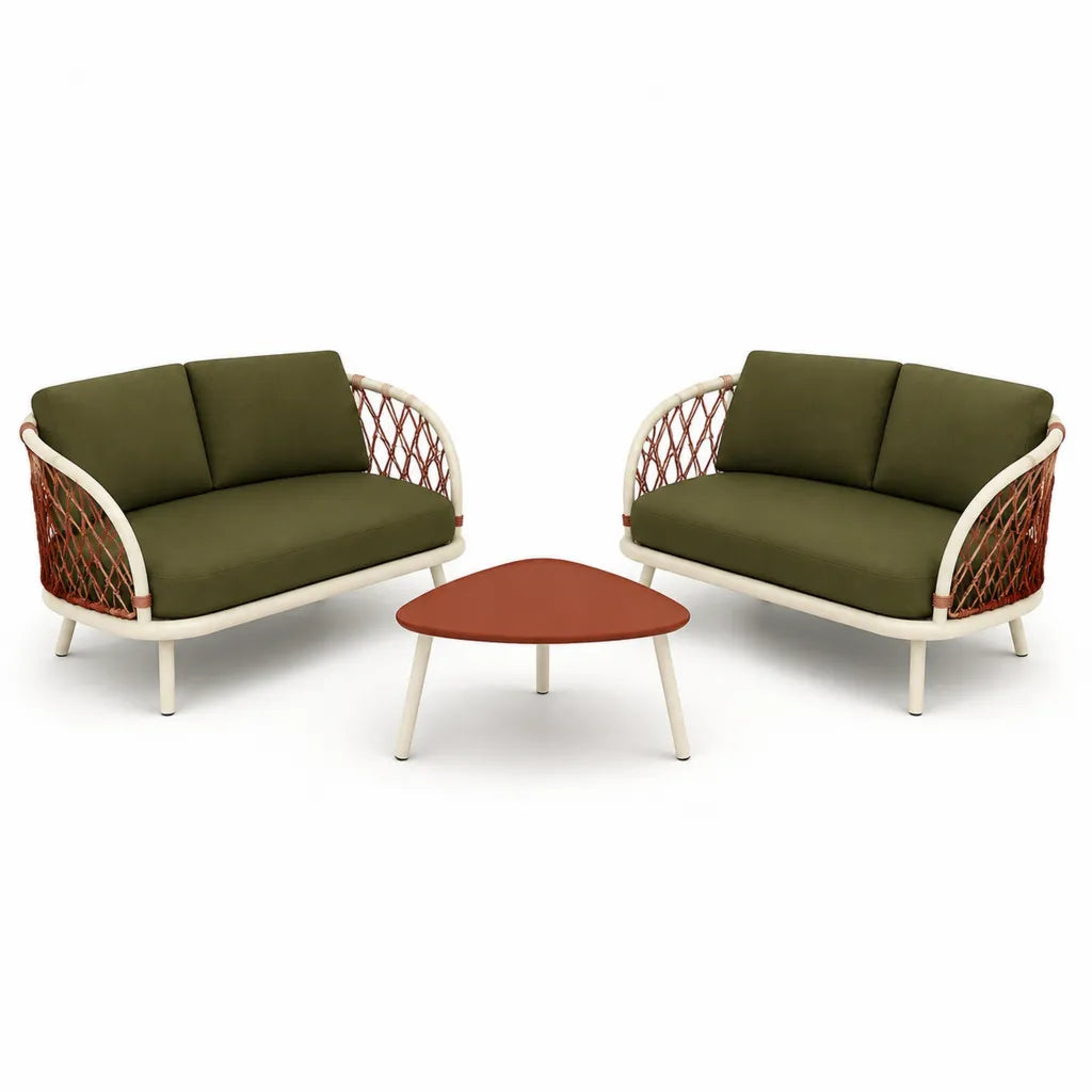Salon de jardin 2 canapes 2 places et table basse triangulaire en aluminium corde PE vert olive terracotta 140 x 75 x 76 cm