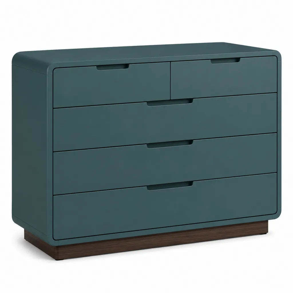 Commode basse a 5 tiroirs 120 x 45 x 85 cm en panneaux MDF bleu petrole avec base decor noyer rectangulaire