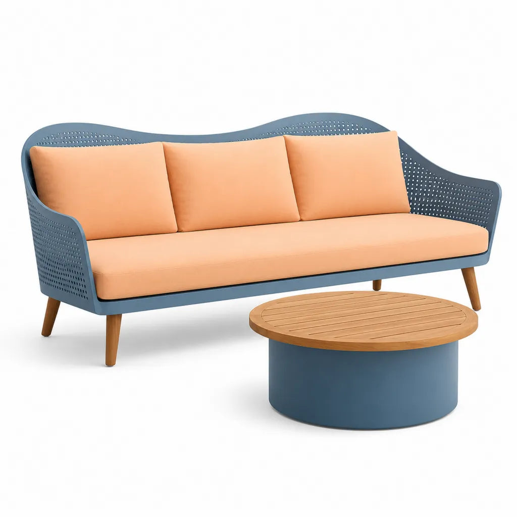 Salon de jardin 2 pieces canape 3 places et table basse ronde en polypropylene bleu et coussins polyester terracotta 205 x 78 x 82 cm