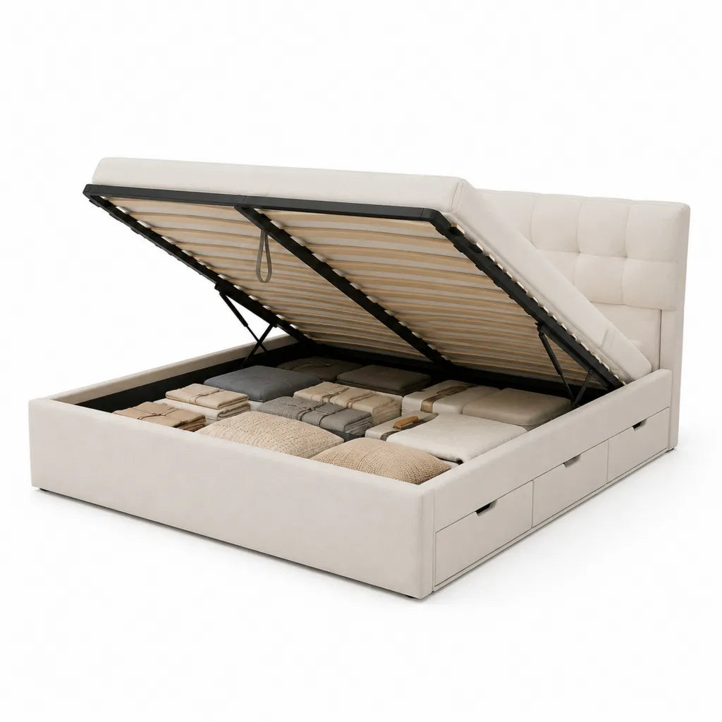 Lit coffre 160 x 200 cm en cuir synthetique PU rectangulaire blanc casse avec tete de lit capitonnee