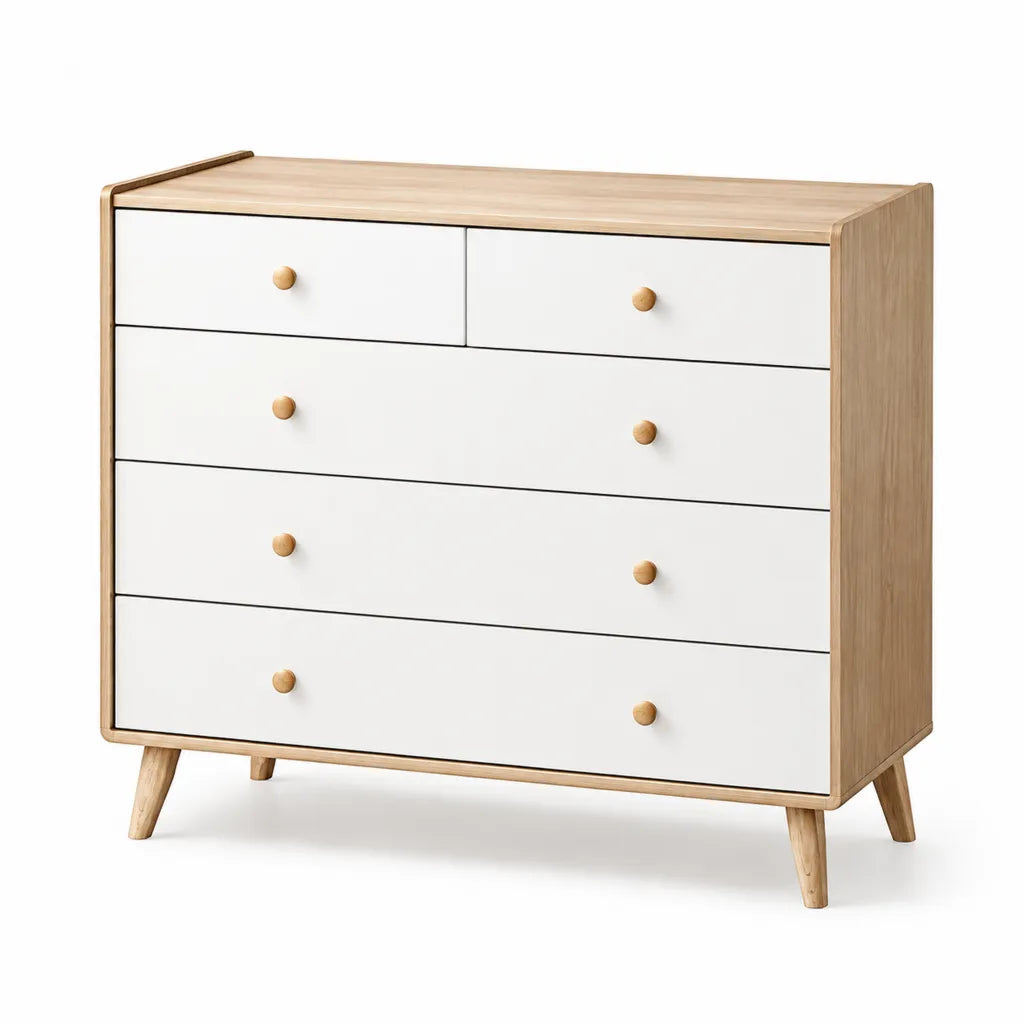 Commode basse 5 tiroirs rectangulaire en panneaux de particules blanc et chene 120 x 40 x 85 cm