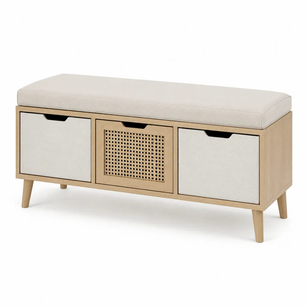 Banc de bout de lit avec rangement 120 x 40 x 50 cm en MDF decor chene rectangulaire beige naturel