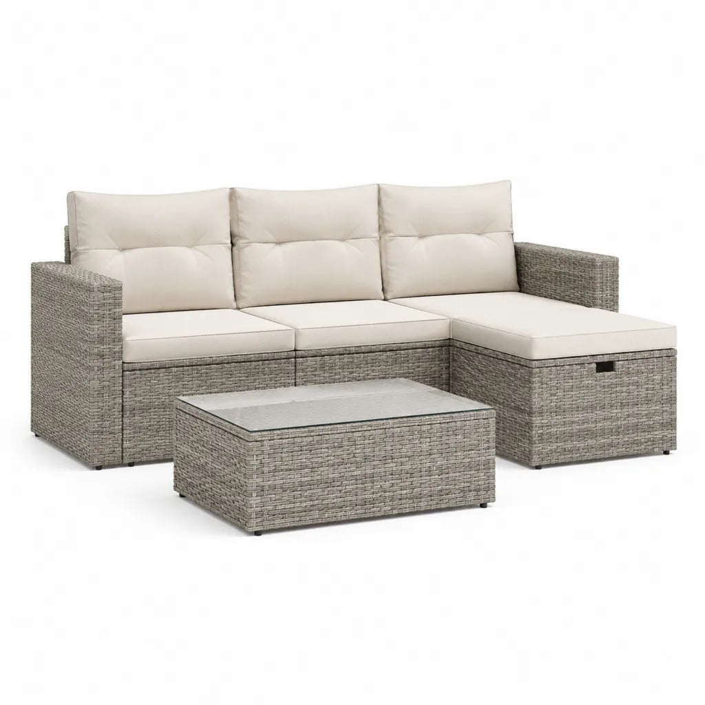 Salon de jardin d'angle 4 pieces en resine tressee PE gris avec coussins creme 210 x 145 x 82 cm