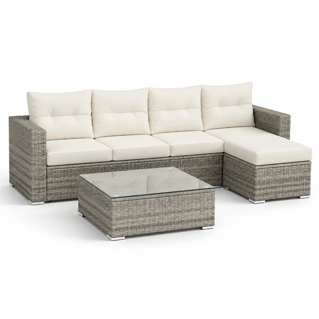 Salon de jardin d'angle 4 places avec table basse en resine tressee PE gris et coussins creme 240 x 130 x 60 cm