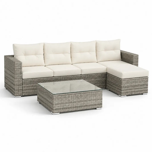 Salon de jardin d'angle 4 places avec table basse en resine tressee PE gris et coussins creme 240 x 130 x 60 cm