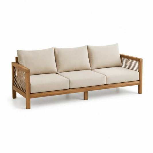 Canape de jardin 3 places en bois massif d'acacia avec coussins beige 205 x 80 x 75 cm