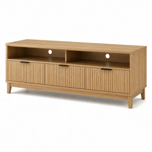 Meuble TV rectangulaire 3 portes en MDF plaque chene naturel 160 x 40 x 60 cm
