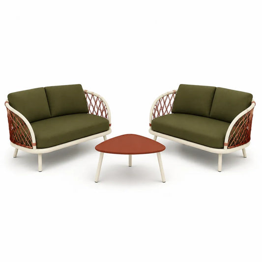 Salon de jardin 2 canapes 2 places et table basse triangulaire en aluminium corde PE vert olive terracotta 140 x 75 x 76 cm