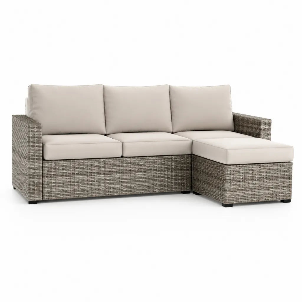 Canape de jardin d'angle 3 places avec meridienne droite en resine tressee gris et coussins beige 200 x 140 x 65 cm