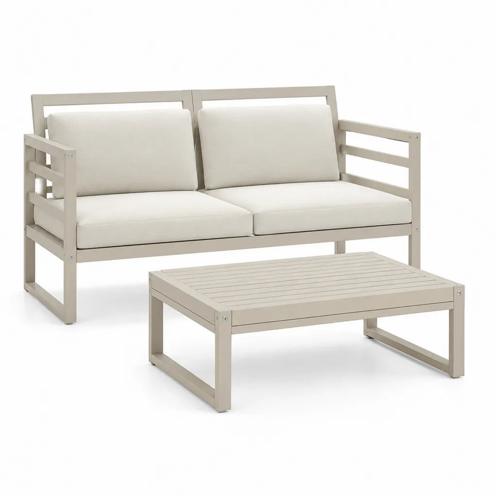 Salon de jardin 2 pieces canape 2 places et table basse rectangulaire en aluminium beige 124 x 70 x 76 cm et 100 x 60 x 42 cm