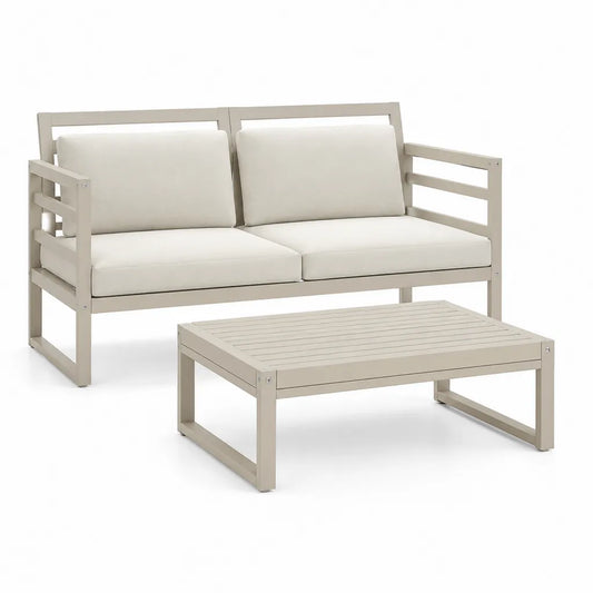 Salon de jardin 2 pieces canape 2 places et table basse rectangulaire en aluminium beige 124 x 70 x 76 cm et 100 x 60 x 42 cm