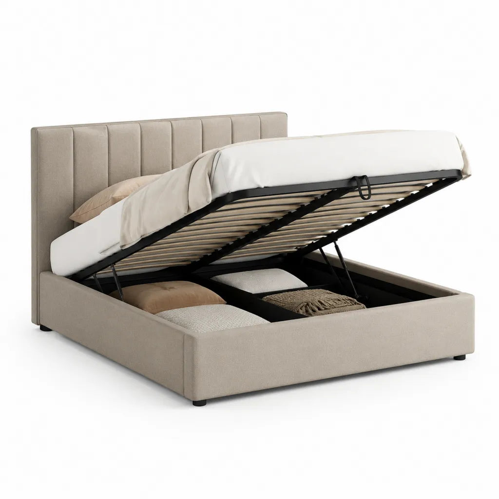 Lit coffre 160 x 200 cm en polyester beige rectangulaire avec tete de lit capitonnee