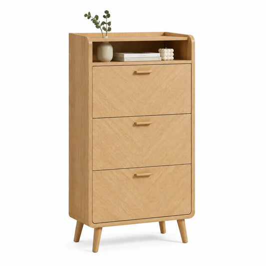Meuble a chaussures 3 abattants avec niche en MDF plaque chene naturel 80 x 35 x 120 cm