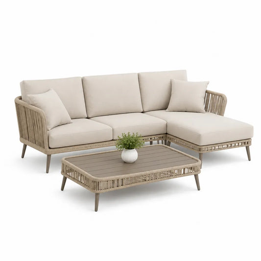 Salon de jardin d'angle 3 places avec table basse aluminium corde polyester beige 230 x 160 x 75 cm