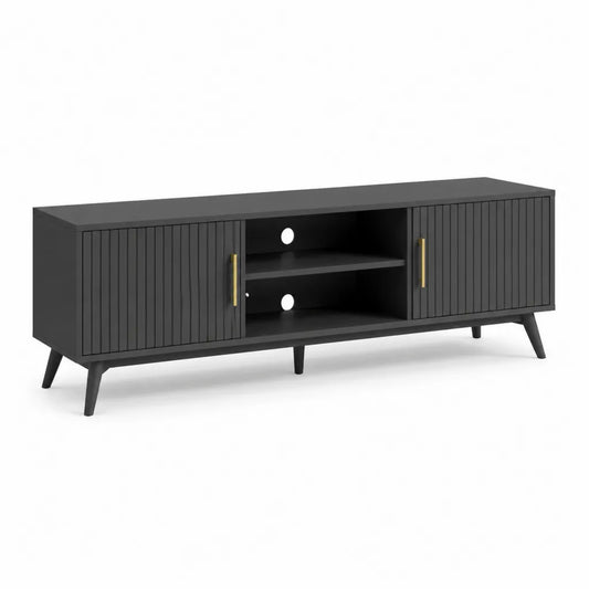 Meuble TV rectangulaire 160 x 40 x 55 cm en MDF melamine noir avec 2 portes et 2 niches