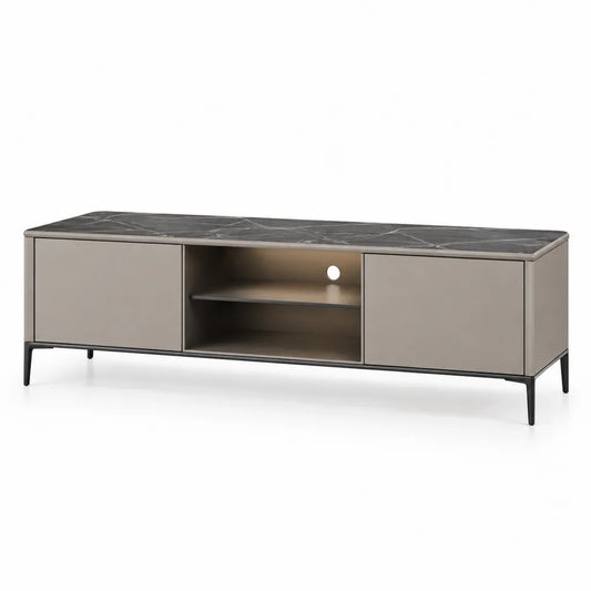Meuble TV 180 x 40 x 55 cm en MDF et acier avec 2 portes taupe plateau effet marbre noir