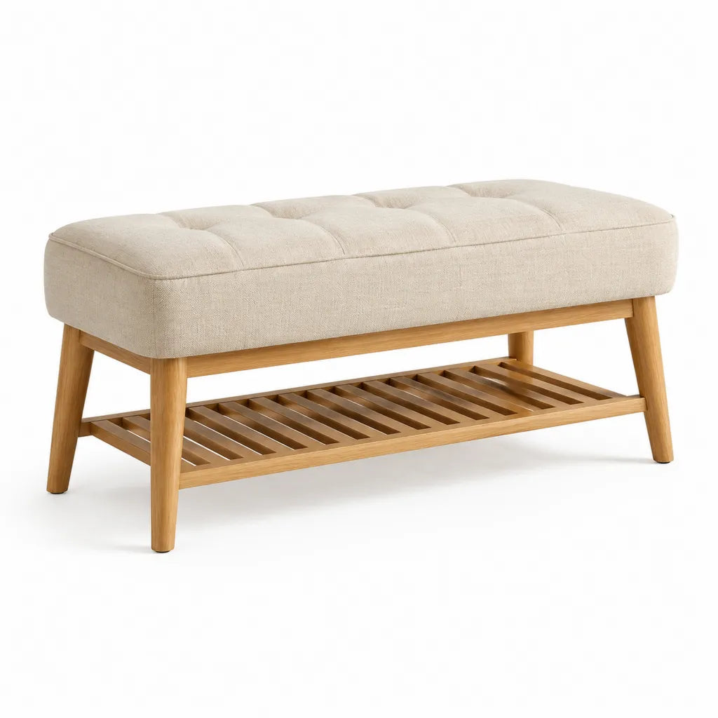 Banc de bout de lit rembourre 110 x 40 x 48 cm en polyester beige et bois massif d'hevea rectangulaire avec etagere