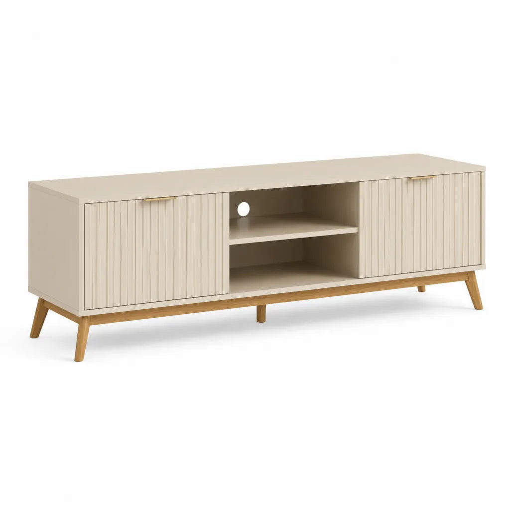 Meuble TV 160 x 40 x 55 cm en panneaux MDF creme avec pieds en bois massif naturel