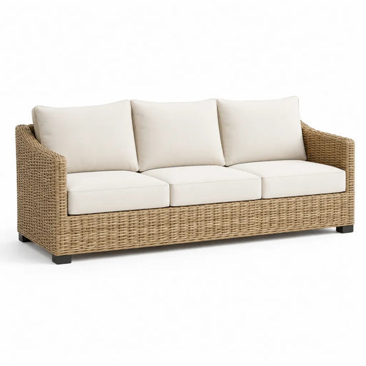 Canape de jardin 3 places en resine tressee beige avec coussins ecrus 210 x 85 x 85 cm