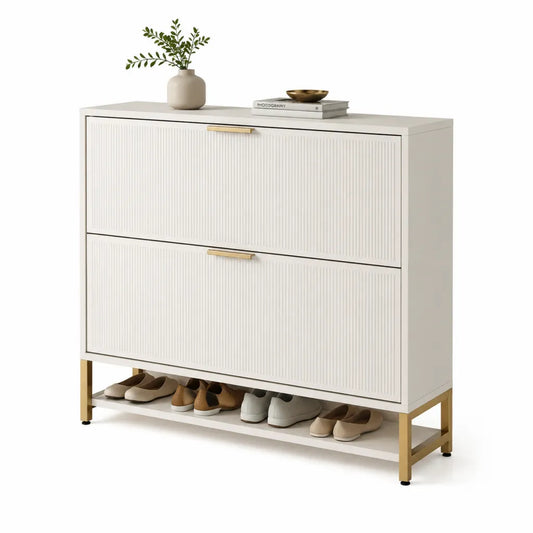 Meuble a chaussures 2 abattants en MDF blanc 100 x 35 x 100 cm avec etagere ouverte