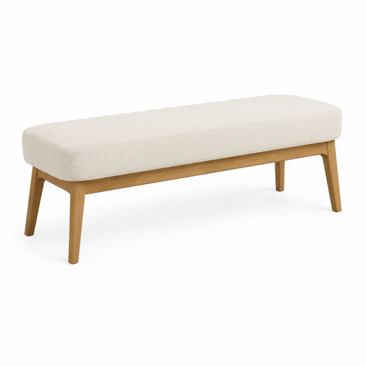Banc de bout de lit rembourre rectangulaire 120 x 40 x 45 cm en polyester blanc casse et hevea naturel