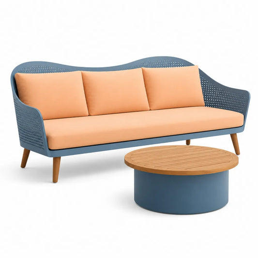 Salon de jardin 2 pieces canape 3 places et table basse ronde en polypropylene bleu et coussins polyester terracotta 205 x 78 x 82 cm