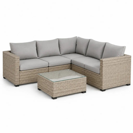 Salon de jardin d'angle 5 places avec table basse 200 x 200 x 63 cm resine tressee PE beige coussins gris