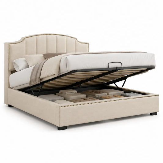 Lit coffre 160 x 200 cm en velours de polyester beige avec tete de lit capitonnee incurvee