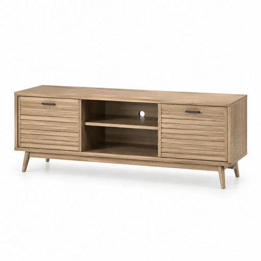 Meuble TV en bois massif d'acacia 160 x 40 x 60 cm rectangulaire marron avec 2 portes et rangement ouvert