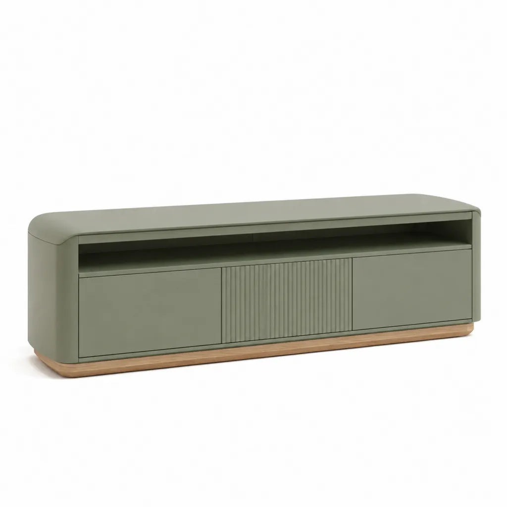 Meuble TV 3 portes avec niche ouverte MDF vert kaki et bois naturel forme arrondie 140 x 40 x 50 cm