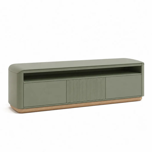 Meuble TV 3 portes avec niche ouverte MDF vert kaki et bois naturel forme arrondie 140 x 40 x 50 cm