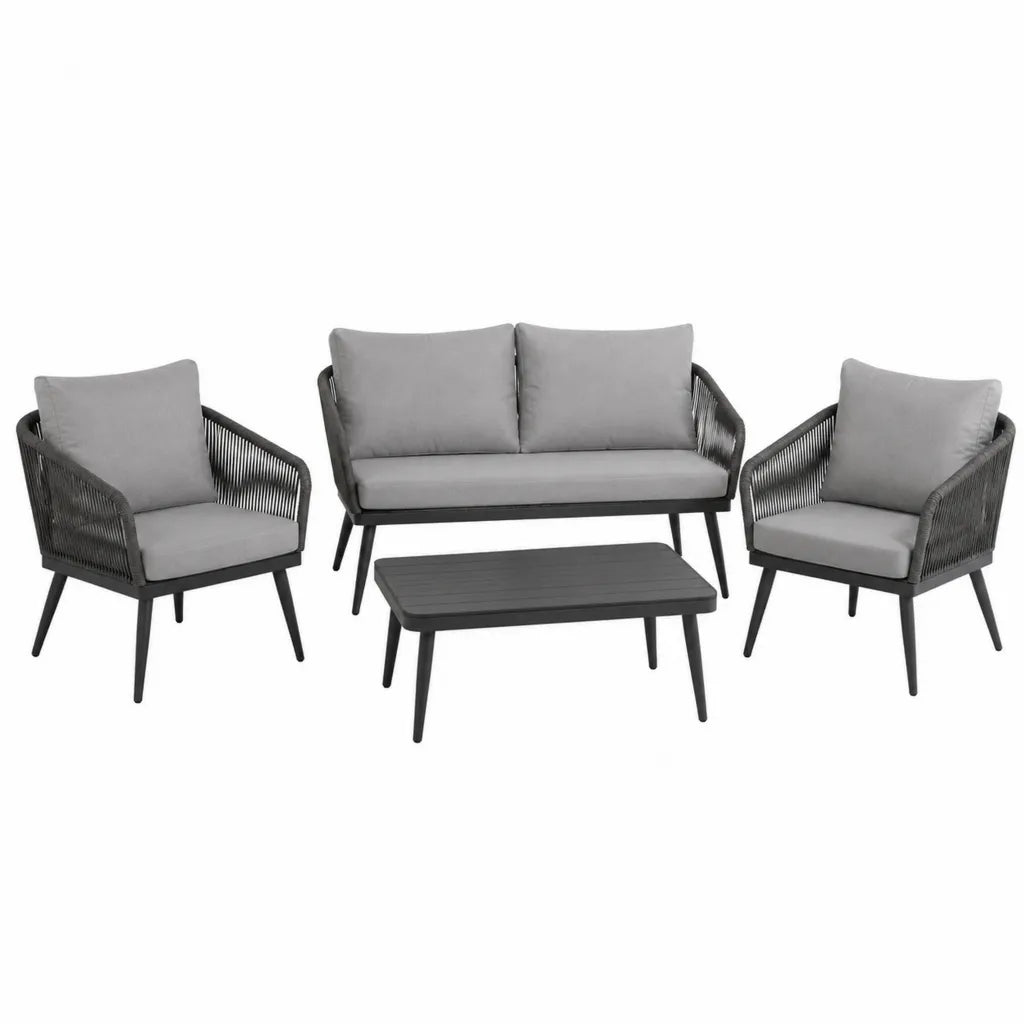 Salon de jardin 4 pieces avec canape 2 places deux fauteuils et table basse rectangulaire en acier thermolaque et corde polyester gris anthracite 128 x 70 x 78 cm