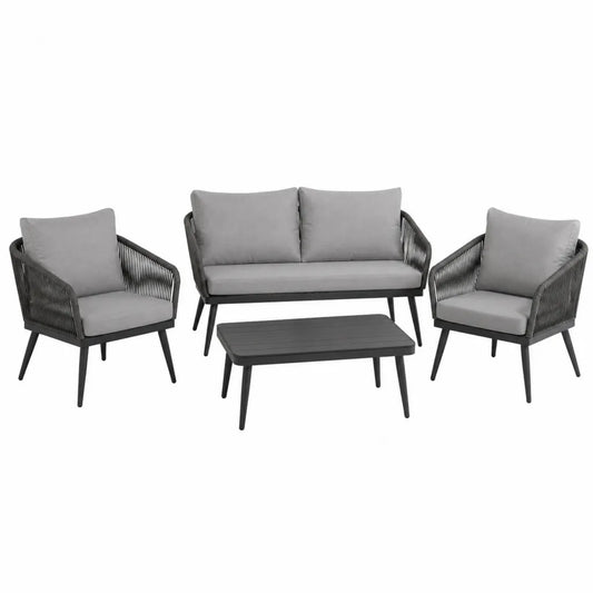 Salon de jardin 4 pieces avec canape 2 places deux fauteuils et table basse rectangulaire en acier thermolaque et corde polyester gris anthracite 128 x 70 x 78 cm