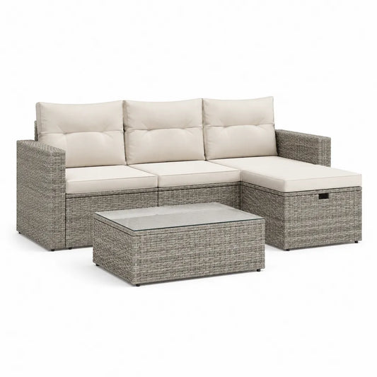 Salon de jardin d'angle 4 pieces en resine tressee PE gris avec coussins creme 210 x 145 x 82 cm