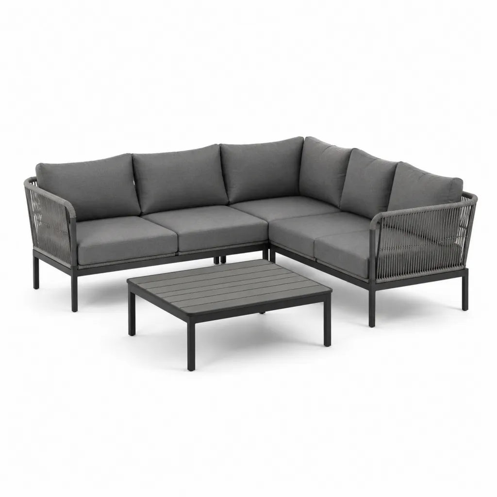 Salon de jardin d'angle 3 pieces avec table basse 220 x 220 cm aluminium noir corde PP coussins polyester gris