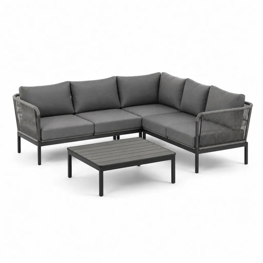 Salon de jardin d'angle 3 pieces avec table basse 220 x 220 cm aluminium noir corde PP coussins polyester gris